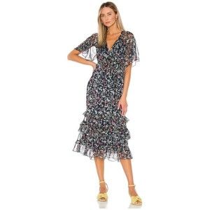 Tularosa Black Floral Midi Dress with Ruffle Tiers